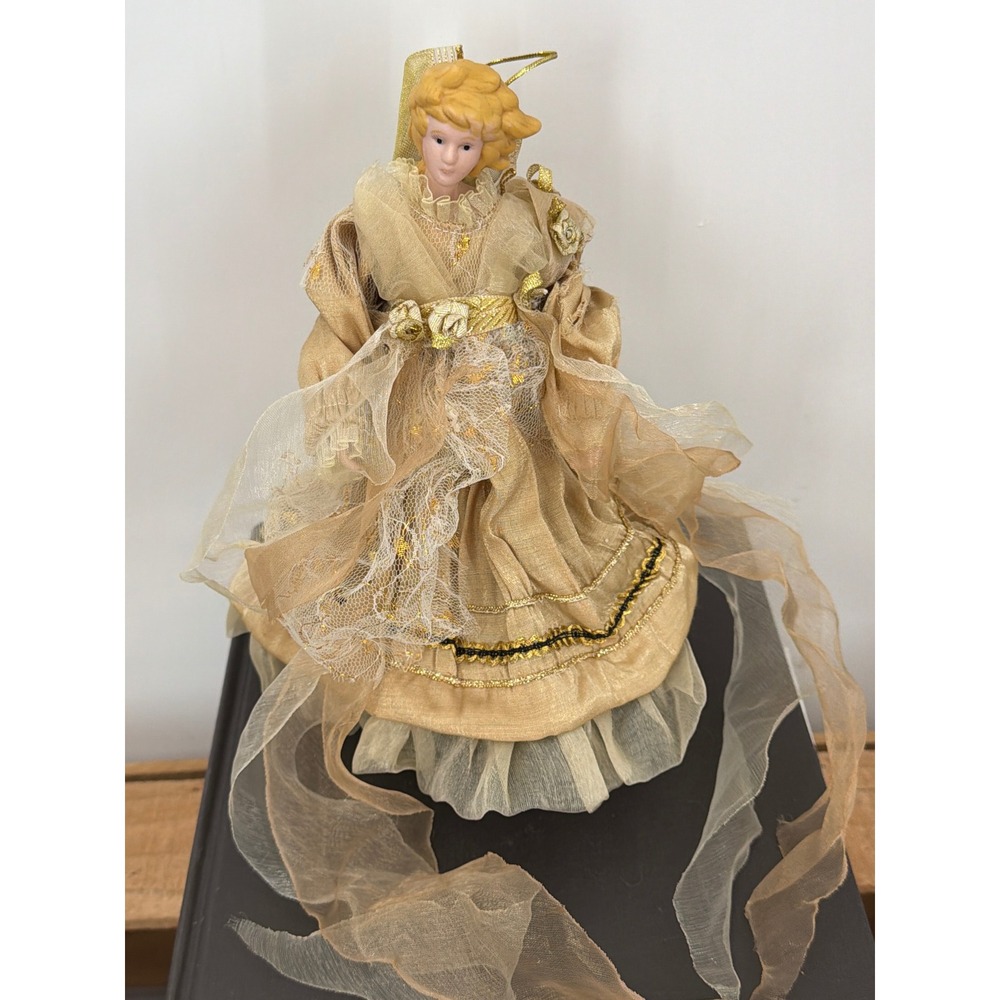 Vtg Porcelain Victorian Doll Tree Topper Christmas Figurine Champagne‎ Lace 9in